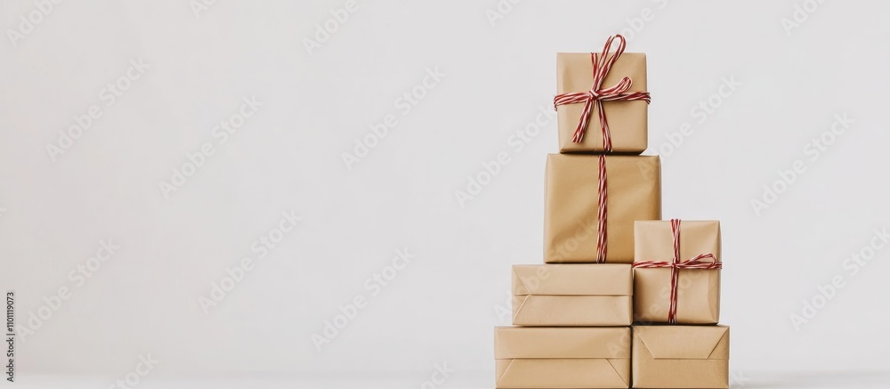 Stack of wrapped kraft paper gift boxes secured with ribbon arranged aesthetically on a clean white background for festive occasions Stack of wrapped kraft paper gift boxes secured with ribbon arranged aesthetically on a clean white background for festive occasions