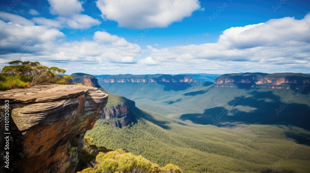Fototapeta premium Stunning panoramic view of Blue Mountains National Park showcasing dramatic rock formations and expansive mountainous landscape under a vibrant sky