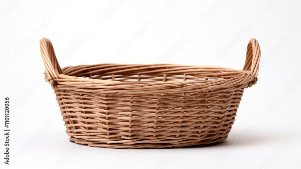 Fototapeta premium Wicker basket without contents on a clean white background showcasing minimalist design and natural materials