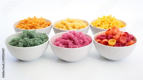 Colorful pasta in various shapes displayed in white bowls on a bright background showcasing vibrant culinary aesthetics for food photography. photo