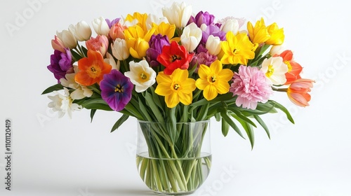 Wallpaper Mural Vibrant spring floral arrangement in a clear vase showcasing colorful tulips and daffodils against a clean white backdrop Torontodigital.ca