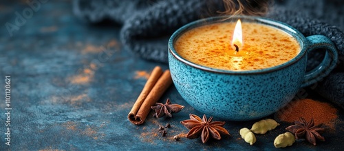 Traditional Indian chai tea with candle and spices in blue cup against a dark textured backdrop for cozy beverage and culture themes photo