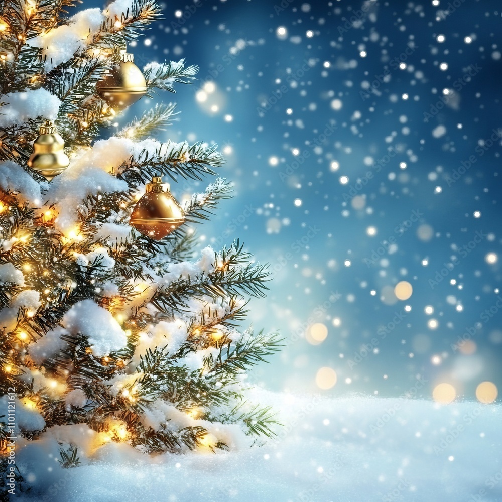 A beautifully adorned snowy Christmas tree glimmers with golden ornaments and lights, creating a festive atmosphere in the serene snow. A beautifully adorned snowy Christmas tree glimmers with golden ornaments and lights, creating a festive atmosphere in the serene snow.