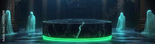 Black marble podium with eerie green underlighting, surrounded by ghostly apparitions, in a grand Victorian hall, Paranormal, Neon Glow, Surrealistic photo