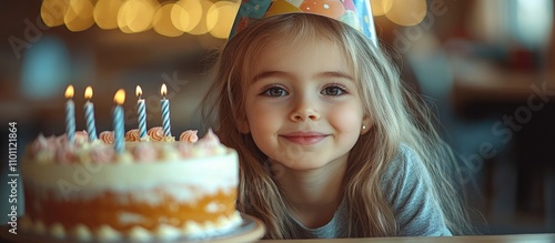 Happy girl wearing a party hat smiling at a birthday cake with candles at a festive indoor celebration setting photo