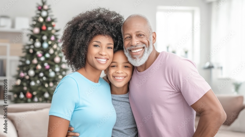 Fototapeta premium A joyful family shares a warm moment in a festive living room adorned with a decorated Christmas tree and bright decorations