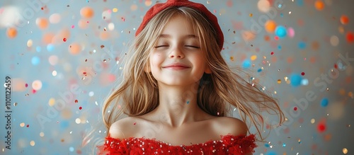 Child joyfully celebrating a birthday wearing a red dress and cap with colorful confetti in the background capturing vibrant festive emotions photo