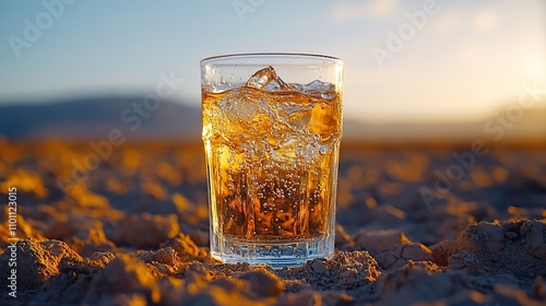 Water is poured into a glass resting on parched ground, symbolizing the preciousness of drinking water in a changing world. photo