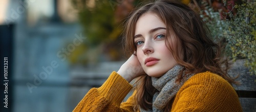 Pensive woman outdoors reflecting in nature wearing a cozy sweater and scarf with autumn scenery in the background. photo