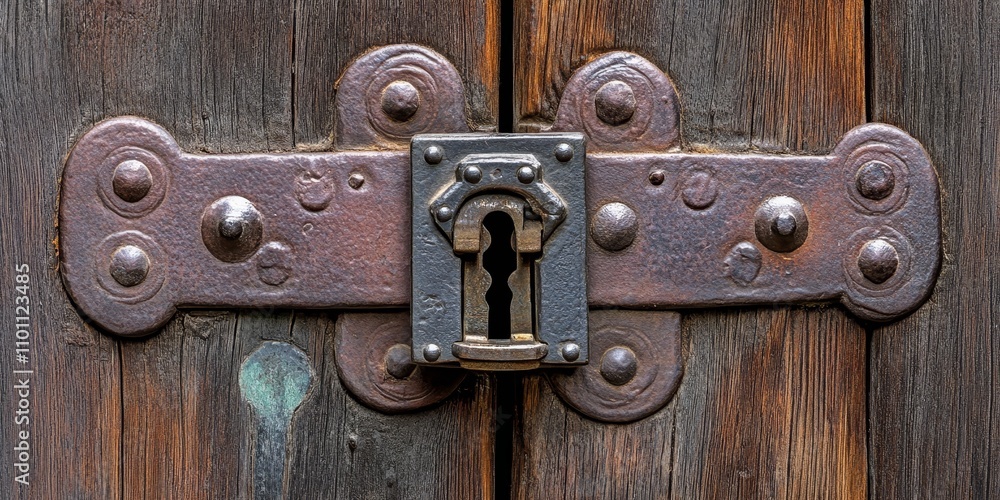 Rustic metal lock and sturdy reinforcement on an ancient wooden castle gate entrance, showcasing the intricate design of the metal lock in a historic setting. Rustic metal lock and sturdy reinforcement on an ancient wooden castle gate entrance, showcasing the intricate design of the metal lock in a historic setting.