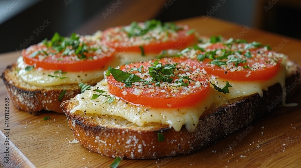 Bruschetta topped with fresh tomatoes, melted cheese, basil, and microgreens on rustic bread for a vibrant culinary presentation Bruschetta topped with fresh tomatoes, melted cheese, basil, and microgreens on rustic bread for a vibrant culinary presentation