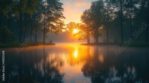 Serene sunrise casting warm hues over tranquil waters and isolated trees in a misty landscape setting.