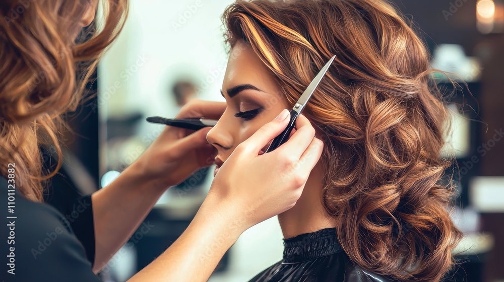 Fototapeta premium Professional Hairdresser Styling Long Brown Hair with Scissors