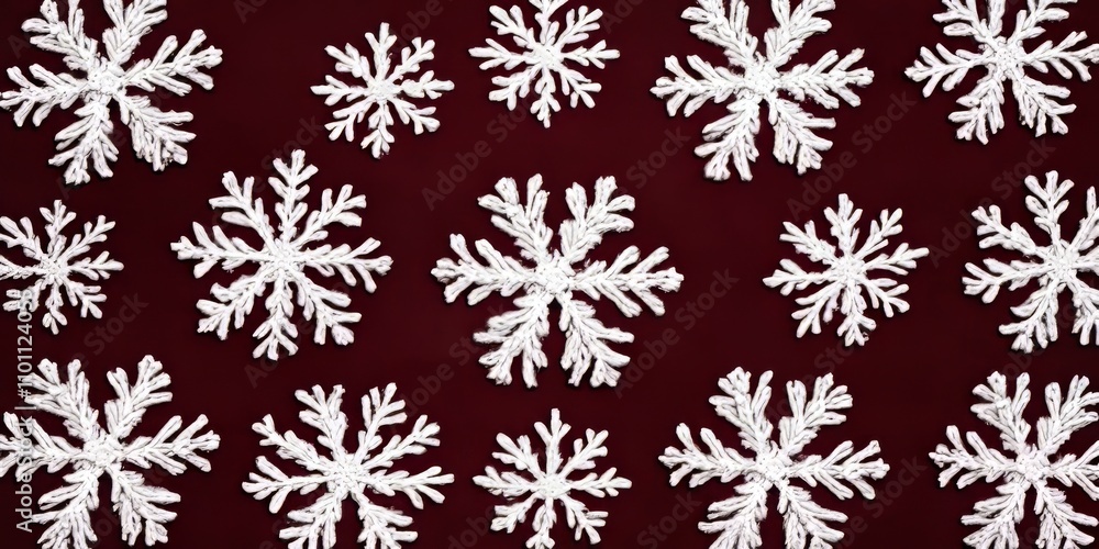 Stunning knitted snowflake pattern featuring white snowflakes against a rich burgundy background. This beautiful snowflake pattern is ideal for various background applications. Stunning knitted snowflake pattern featuring white snowflakes against a rich burgundy background. This beautiful snowflake pattern is ideal for various background applications.