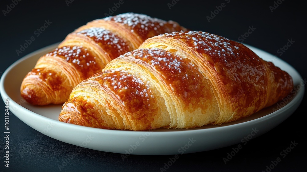 Delicious golden croissants sprinkled with sugar on a minimalist plate against a dark background, perfect for food presentation. Delicious golden croissants sprinkled with sugar on a minimalist plate against a dark background, perfect for food presentation.