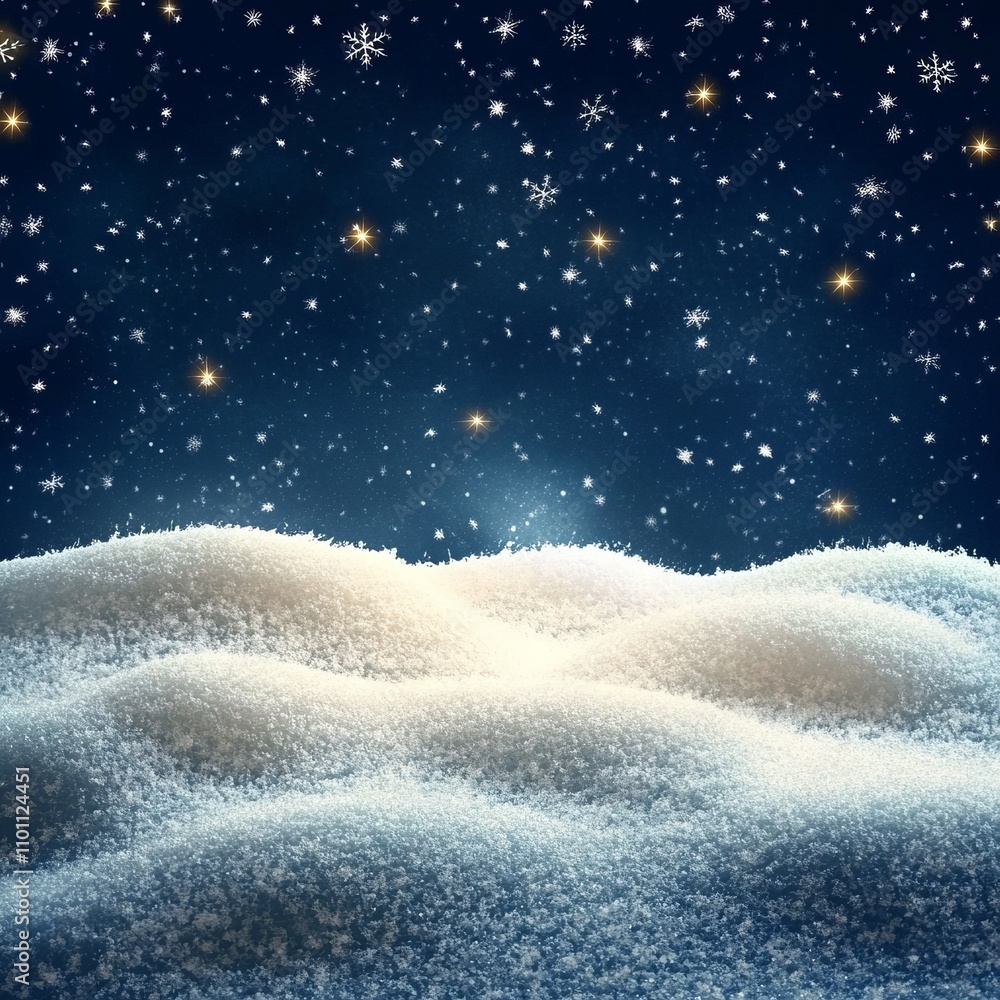 A serene snowy night illuminated by twinkling stars and gently falling snowflakes, capturing the essence of a magical Christmas atmosphere. A serene snowy night illuminated by twinkling stars and gently falling snowflakes, capturing the essence of a magical Christmas atmosphere.
