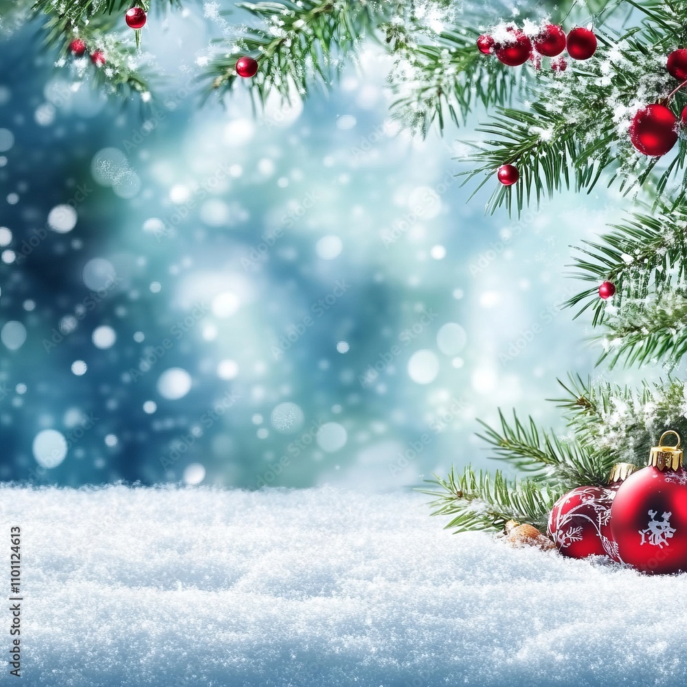 A festive Christmas backdrop featuring red baubles and fir branches delicately adorned with snow, evoking holiday spirit and warmth. A festive Christmas backdrop featuring red baubles and fir branches delicately adorned with snow, evoking holiday spirit and warmth.