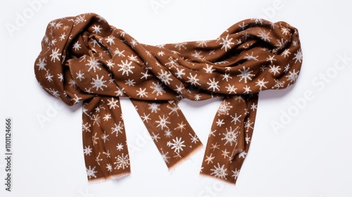 Brown winter scarf with fringe and snowflake design on a white background, perfect for seasonal fashion and accessories promotions. photo