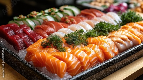 Assorted fresh sushi and sashimi beautifully arranged on ice with garnishes at a vibrant seafood market. photo