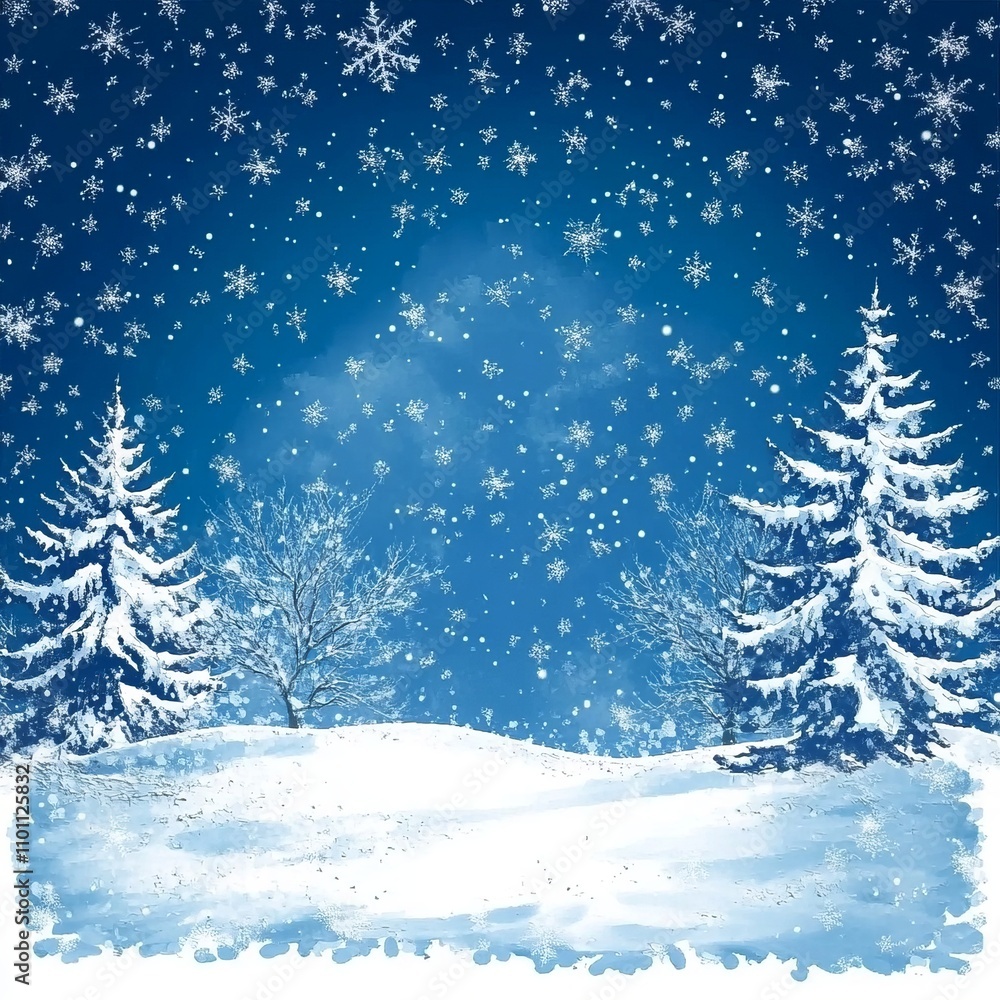 A serene winter scene featuring snow-covered trees amidst a tranquil snowy landscape with delicate snowflakes gently falling from the sky. A serene winter scene featuring snow-covered trees amidst a tranquil snowy landscape with delicate snowflakes gently falling from the sky.