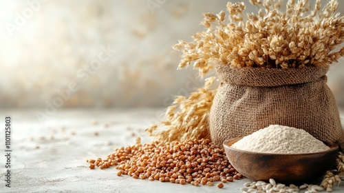 Flour and grains displayed in a bowl and bag surrounded by wheat spikelets on a neutral background for culinary and agriculture themes photo