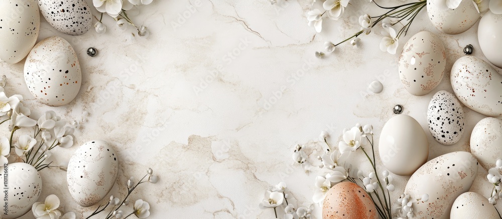 Fototapeta premium Easter eggs and floral decorations arranged on a marble background with space for text celebrating spring festivities and holiday traditions.