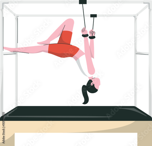 Illustration of Woman Practicing Pilates on Reformer Cadillac