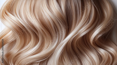 Healthy shiny blonde hair with soft waves isolated on a clean white background emphasizing texture and vitality. photo