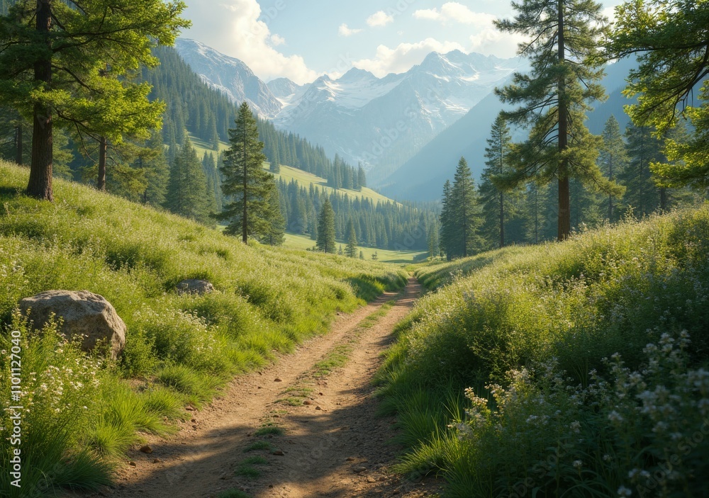 Fototapeta premium Beautiful mountain landscape with dirt road and lush greenery at midday