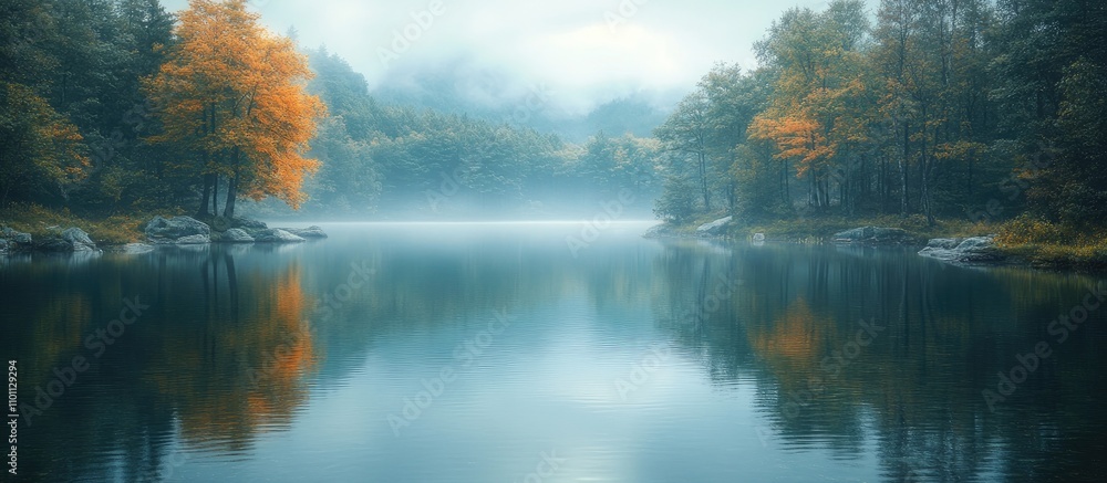 Serene lake surrounded by autumn foliage and misty mountains reflecting in tranquil water Serene lake surrounded by autumn foliage and misty mountains reflecting in tranquil water