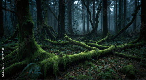 Dense dark forest background. Magical mystery night foggy forest