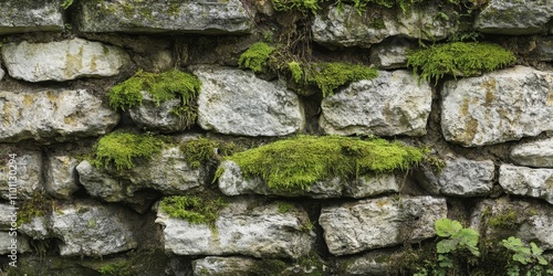 Limestone forms an old mossy stonewall, showcasing the beauty and texture of aged limestone, where the moss adds a vibrant touch to the rugged limestone structure.