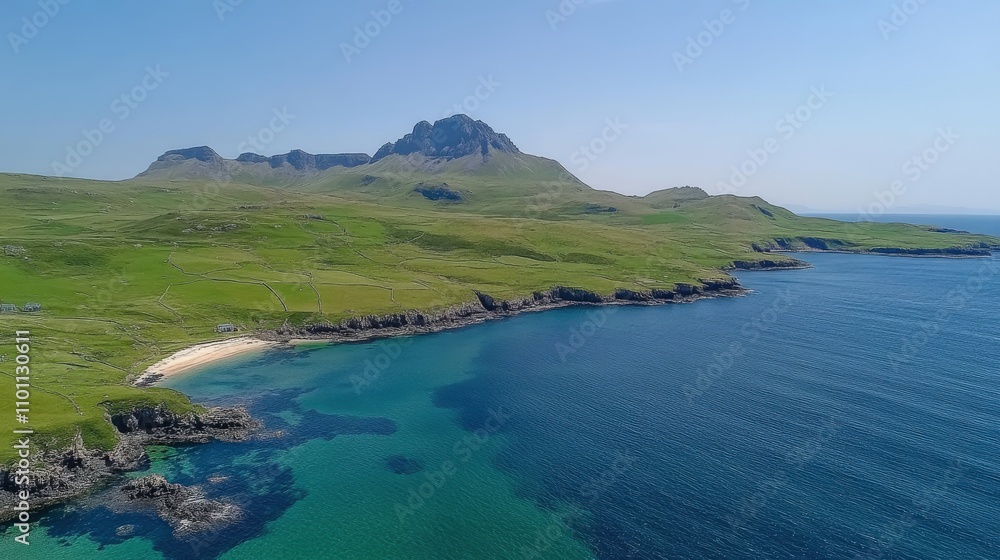 Aerial view of a serene coastal landscape with mountains and clear waters. Aerial view of a serene coastal landscape with mountains and clear waters.