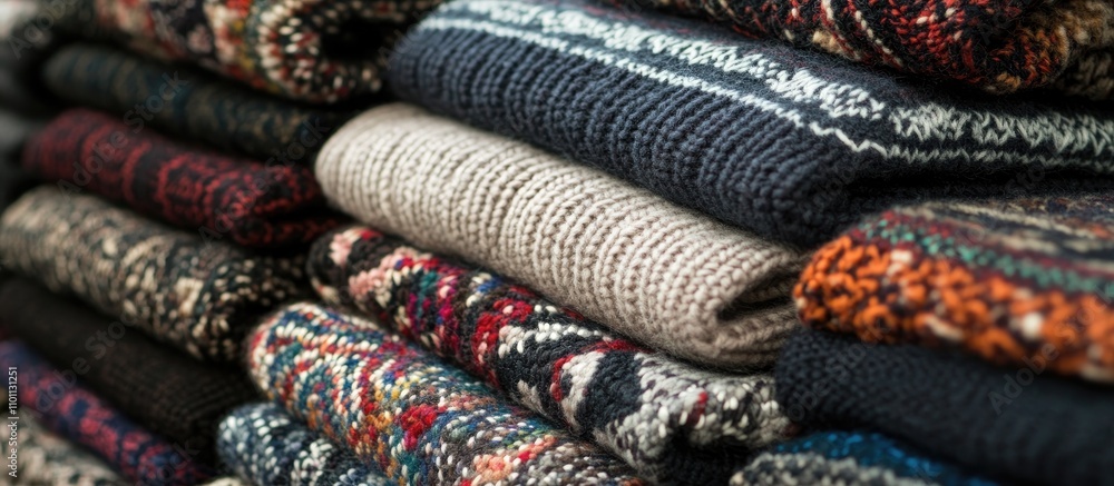 Colorful knitted pullovers with intricate designs neatly stacked in folds showcasing texture and craftsmanship in cozy winterwear. Colorful knitted pullovers with intricate designs neatly stacked in folds showcasing texture and craftsmanship in cozy winterwear.