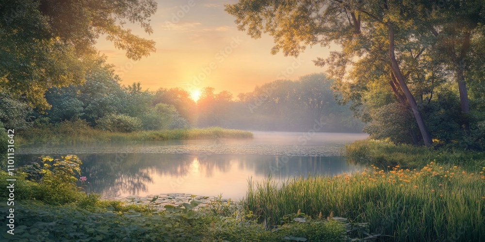 Serene summer sunrise illuminating a tranquil nature park, showcasing the beauty of summer and the fresh beginnings that each summer sunrise brings to the natural landscape. Serene summer sunrise illuminating a tranquil nature park, showcasing the beauty of summer and the fresh beginnings that each summer sunrise brings to the natural landscape.