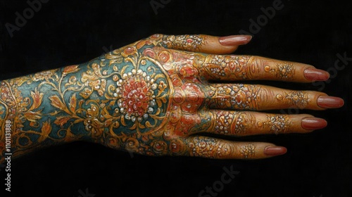 Intricate henna design on female hand with elegant ornaments highlighted against a dark background showcasing cultural artistry and beauty photo