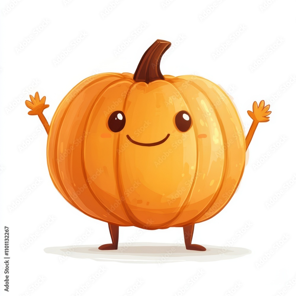 Obraz premium Happy cartoon pumpkin with arms raised.