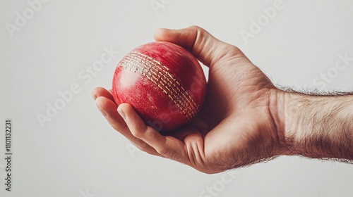 Close-up of a hand holding a red cricket ball against a white background. generative ai