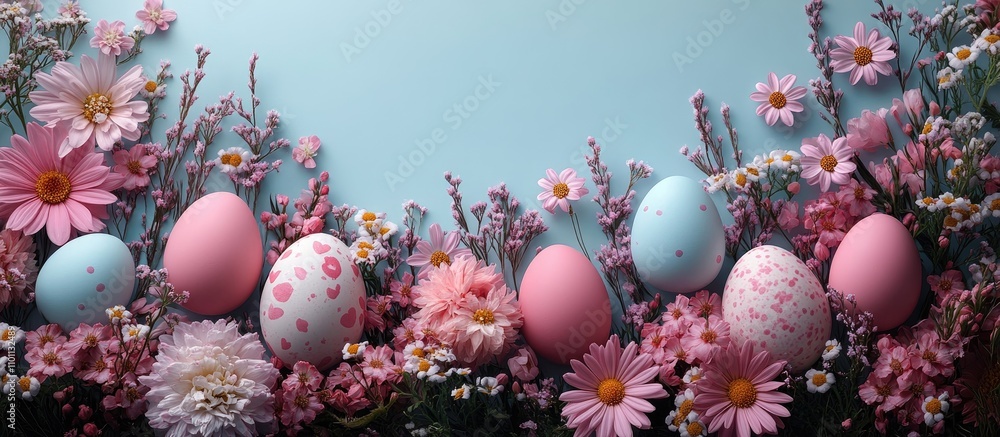 Easter floral border frame featuring pastel eggs and vibrant flowers on a soft backdrop for holiday decoration and creative inspiration. Easter floral border frame featuring pastel eggs and vibrant flowers on a soft backdrop for holiday decoration and creative inspiration.