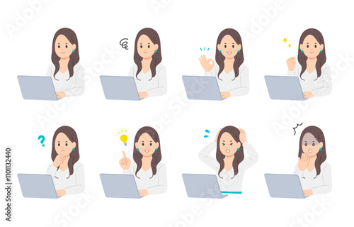 パソコンを見ながらいろいろな表情･ポーズをする若い女性のセット【人物ベクターイラスト素材】