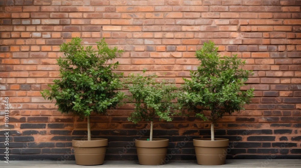 Green trees in flower pots against a beautiful vintage red brick wall showcasing urban gardening and natural decor elements Green trees in flower pots against a beautiful vintage red brick wall showcasing urban gardening and natural decor elements