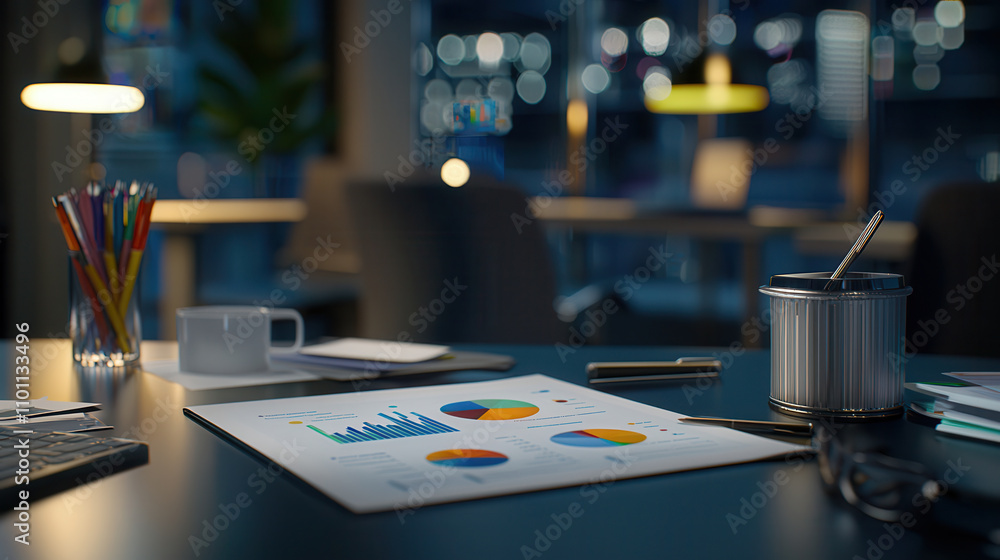 Naklejka premium modern workspace featuring charts and graphs on desk, illuminated by soft lighting, creating productive atmosphere