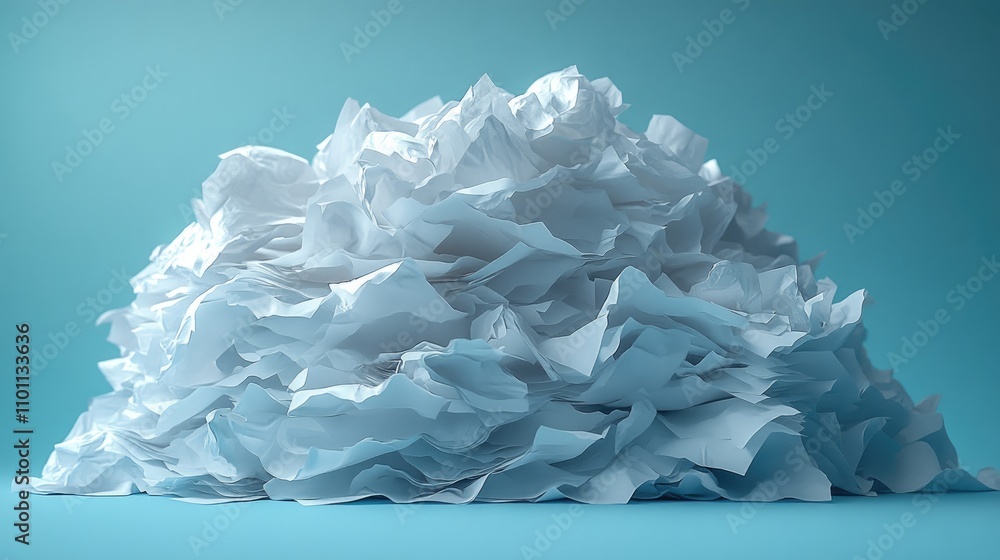 Close up of a disorganized pile of crumpled papers against a vibrant teal background illustrating chaos in office or creative environments Close up of a disorganized pile of crumpled papers against a vibrant teal background illustrating chaos in office or creative environments