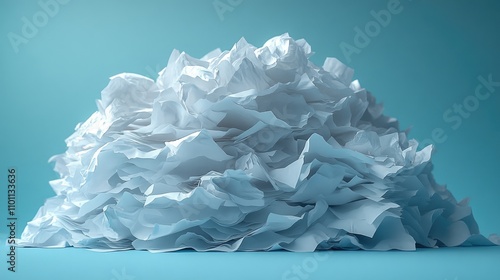 Close up of a disorganized pile of crumpled papers against a vibrant teal background illustrating chaos in office or creative environments photo