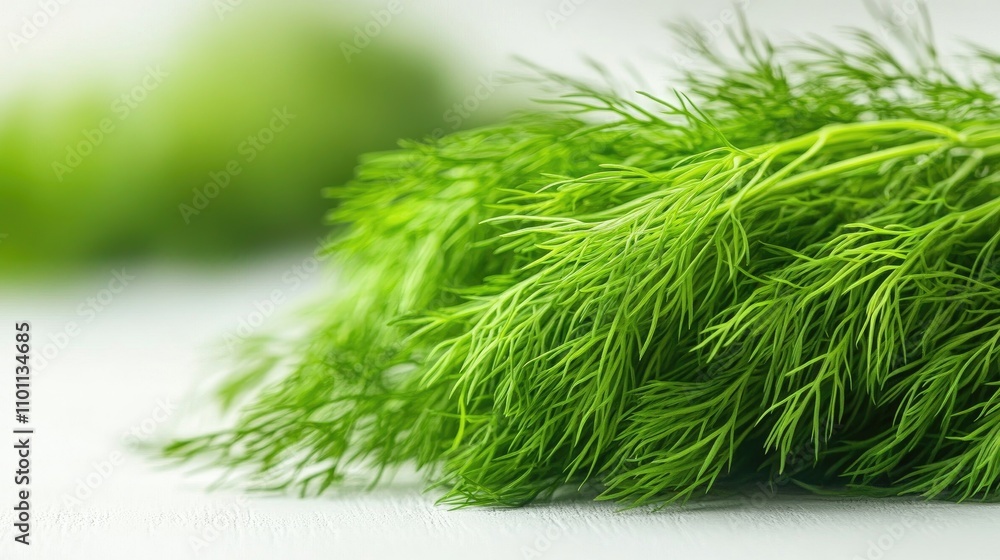 Fototapeta premium Fresh dill sprigs arranged on a white background showcasing vibrant green color and texture suitable for culinary or gardening themes
