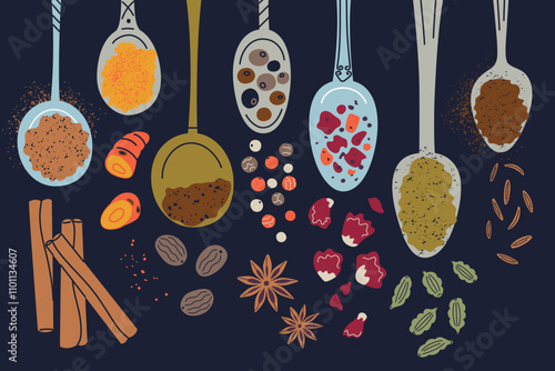 Advieh spice blend, vector illustration collection with cinnamon, cardamom, turmeric, nutmeg, cumin, and cloves in vintage spoons. Flat cartoon style, doodle design, Persian aromatic seasoning