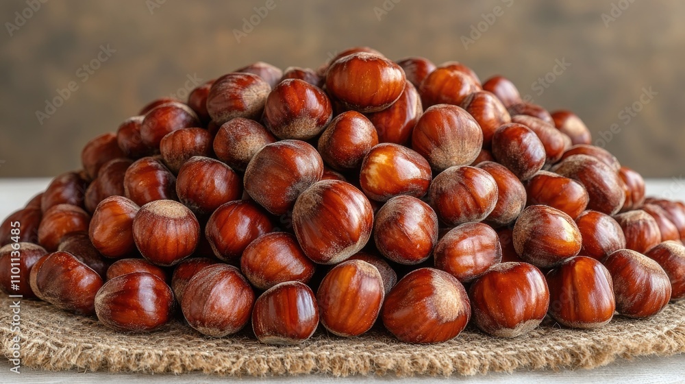Fresh chestnuts piled on burlap with a rustic wooden background ideal for autumn and culinary themes