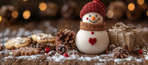 Vintage Christmas scene with handmade gifts cookies snowman and holiday decorations on wooden table for a cozy winter atmosphere photo