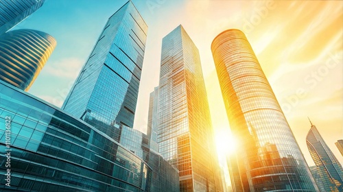 Modern Urban Skyline with Skyscrapers and Corporate Office Towers at Sunrise photo