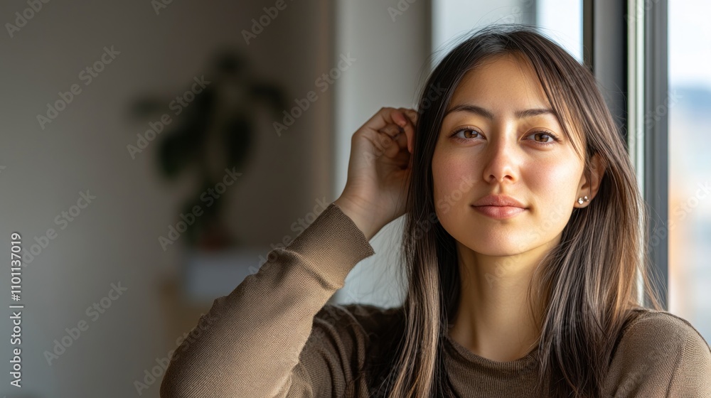 A young woman is standing by a window with soft light illuminating her face, reflecting a peaceful moment in her day A young woman is standing by a window with soft light illuminating her face, reflecting a peaceful moment in her day